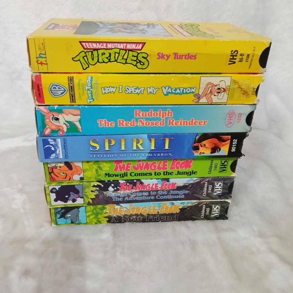 Vintage Kids VHS Lot TMNT Tiny Toons Rudolph Spirit Jungle Book 7 Tapes